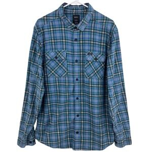 RVCA Mens Blue Green Plaid Flannel Long Sleeve Button Down Shirt Large Regular